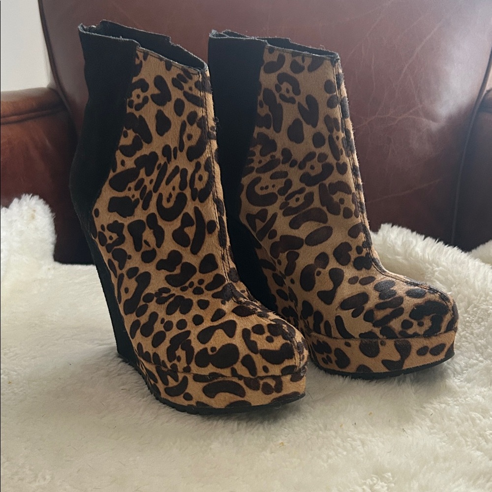Leopard Print Platform Wedge Ankle Boots